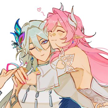 Rule 34 | 2girls, ^ ^, armlet, breasts, bright pupils, closed eyes, commentary, cyrene (demiurge) (honkai: star rail), cyrene (honkai: star rail), detached sleeves, dress, earrings, english commentary, hair between eyes, happy, heart, highres, honkai: star rail, honkai (series), hug, jewelry, large breasts, long hair, multiple girls, nail polish, necklace, one eye closed, peacock feathers hair ornament, pink hair, pointy ears, shnjie, sideboob, single earring, sleeveless, smile, tassel, very long hair, white hair, yao guang (honkai: star rail), yuri