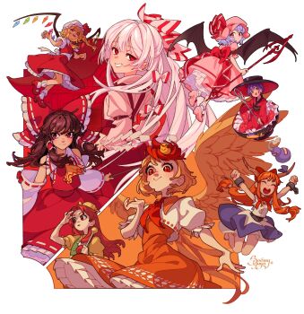 6+girls :&gt; :d \o/ animal animal_on_head arms_up artist_name ascot baby_animal back_bow barefoot bat_wings belt bird bird_on_head bird_wings black_sash blonde_hair blue_skirt blush border bow bowl bowl_hat brown_hair brown_horns chest_sarashi chick closed_eyes closed_mouth collared_shirt color_wheel_challenge cuffs detached_sleeves dress fang feathered_wings flandre_scarlet floating footwear_bow frilled_dress frilled_shirt_collar frilled_skirt frilled_socks frills from_behind fujiwara_no_mokou gohei gourd hair_bow hakurei_reimu hakurei_shrine hands_on_own_hips hat hat_ribbon highres holding holding_gohei holding_needle holding_polearm holding_staff holding_weapon horns ibuki_suika in_bowl in_container japanese_clothes kimono long_hair long_sleeves looking_at_viewer looking_back low-tied_long_hair mary_janes mob_cap multicolored_hair multiple_drawing_challenge multiple_girls needle niwatari_kutaka obi ofuda ofuda_on_clothes on_head one_side_up oni open_mouth orange_(touhou) orange_dress orange_hair outstretched_arms pants pink_dress pink_hat pink_shoes polearm puffy_pants puffy_short_sleeves puffy_sleeves purple_hair red_ascot red_background red_eyes red_hair red_kimono red_pants red_ribbon red_shoes red_skirt red_theme red_vest remilia_scarlet ribbon sarashi sash shading_eyes shirt shoes short_hair short_hair_with_long_locks short_sleeves sidelocks skin_fang skirt sleeveless sleeveless_shirt smile smug socks soemy solo spear_the_gungnir staff sukuna_shinmyoumaru suspenders teeth tiptoes touhou touhou_(pc-98) two-tone_hair two-tone_skirt upper_teeth_only very_long_hair vest weapon white_bow white_hair white_hat white_shirt white_skirt white_sleeves wings yellow_ascot yellow_hat yellow_shirt yellow_wings