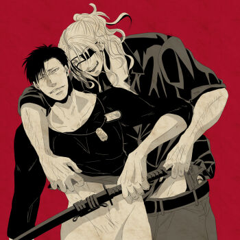 Rule 34 | 2boys, annoyed, arm around shoulder, arm hair, beard stubble, behind another, belt, black belt, black hair, black shirt, bottomless, clothes lift, collarbone, concealed weapon, cowboy shot, dog tags, dress shirt, eyepatch, facial hair, facing viewer, gangsta, greyscale with colored background, gun, gun in pants, hand in another's shirt, heads together, high contrast, hip bones, holding, holding sheath, holding sword, holding weapon, leaning on person, long sleeves, looking at viewer, male focus, mature male, multiple boys, nicolas brown, partially unbuttoned, partially undressed, ponytail, red background, sepia, sheath, sheathed, shirt, shirt lift, sleeves rolled up, stubble, sword, toned, toned male, tukiketu, undressing another, weapon, worick arcangelo