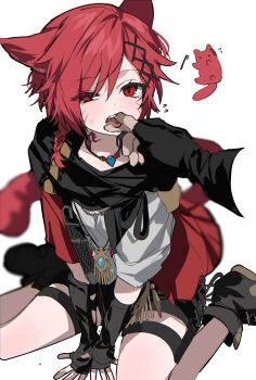 1girl absurdres animal_ears ankle_boots archon_mark black_boots black_gloves black_scarf boots braid cat_ears cat_girl cat_tail chu_yeon disembodied_hand elbow_gloves facial_mark final_fantasy final_fantasy_xiv fingerless_gloves flying_sweatdrops g&#039;raha_tia genderswap genderswap_(mtf) gloves hair_ornament highres holding_another&#039;s_tongue jewelry miqo&#039;te neck_tattoo open_mouth pendant pov pov_hands pulling_tongue red_eyes red_hair scarf shirt short_hair single_braid sitting slit_pupils solo_focus tail tattoo tongue tongue_out uneven_eyes v_arms wariza white_shirt x_hair_ornament