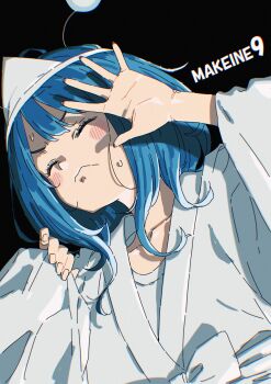 Rule 34 | 1girl, blue hair, blush, closed eyes, closed mouth, copyright name, episode number, ghost costume, hands up, highres, imigimuru, japanese clothes, kimono, make heroine ga oo sugiru!, medium hair, shiroshouzoku, solo, triangular headpiece, upper body, wavy mouth, yanami anna