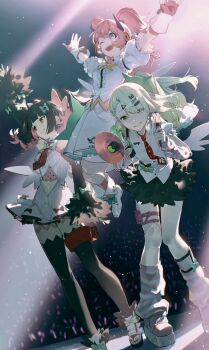 Rule 34 | 3girls, angels of delusion, aria (zenless zone zero), arm warmers, audience, black hair, black skirt, black thighhighs, boots, bow, bowtie, clothing cutout, commentary request, detached sleeves, fingerless gloves, fold-over boots, gloves, green bow, green bowtie, green hair, hair bow, hair ornament, hairclip, highres, holding, holding megaphone, jumping, karasuro, knees together feet apart, leg warmers, light rays, looking at viewer, megaphone, multiple girls, nail polish, nangong yu, navel, navel cutout, necktie, one side up, pink hair, platform shoes, red eyes, red nails, red necktie, shirt, shoes, skirt, stage lights, standing, striped arm warmers, striped leg warmers, sunna (zenless zone zero), thighhighs, toeless legwear, toenail polish, toenails, white boots, white shirt, white skirt, zenless zone zero