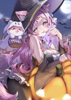1girl animal_ears ascot bare_shoulders bat_(animal) black_dress black_hat black_pantyhose black_sleeves blue_eyes blush breasts candy commentary detached_collar detached_sleeves dress ears_through_headwear extra_ears fang fang_out fingernails food food-themed_hair_ornament full_moon ghost_costume gradient_eyes hair_ornament hairclip hakui_koyori halloween halloween_bucket hat highres holding holding_test_tube hololive kokoro_(hakui_koyori) large_breasts long_hair looking_at_viewer moon multicolored_eyes nail_polish night outdoors pantyhose pink_eyes pink_hair pink_nails pink_tail pumpkin pumpkin_hair_ornament saka_mikatsuki sky smile star_(sky) starry_sky tail test_tube tongue tongue_out virtual_youtuber white_ascot witch_hat wolf_ears wolf_girl wolf_tail