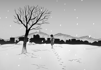 1girl backpack bag bare_tree boku_dake_ga_inai_machi coat commentary_request footprints from_side greyscale hinazuki_kayo mairu_(582284310) monochrome mountainous_horizon outdoors randoseru scarf scenery short_hair snowing solo tree wide_shot winter