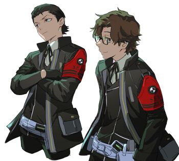 2boys black-framed_eyewear black_gloves black_hair black_jacket black_pants black_ribbon brown_eyes brown_hair closed_mouth collared_shirt cropped_legs crossed_arms gekkoukan_high_school_uniform glasses gloves hair_slicked_back hands_in_pockets head_tilt hiraga_keisuke holster isa_(peien516) jacket long_sleeves looking_at_viewer looking_to_the_side male_focus multiple_boys neck_ribbon odagiri_hidetoshi open_clothes open_jacket pants persona persona_3 persona_3_reload ribbon school_uniform semi-rimless_eyewear shirt short_hair simple_background smile white_background white_shirt wing_collar