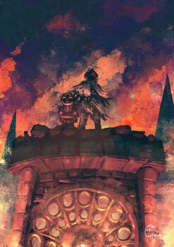 1boy artofchinara black_jacket black_pants bloodborne building capelet clock clock_tower djura gatling_gun grey_capelet hat jacket outdoors pants red_eyes short_hair solo standing tower tricorne twilight