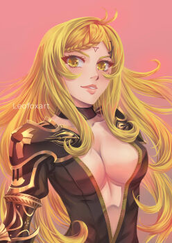 1girl absurdres artist_name blonde_hair braid breasts collarbone commentary drag-on_dragoon drag-on_dragoon_3 english_commentary facial_mark five_(drag-on_dragoon) floating_hair forehead_mark hair_ornament hairclip highres large_breasts leofoxart long_hair looking_at_viewer no_bra pink_lips red_background simple_background smile solo twitter_username upper_body yellow_eyes