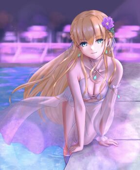 Rule 34 | 1girl, absurdres, aqua eyes, asymmetrical sleeves, bikini, blonde hair, blue eyes, blurry, blurry background, braid, breasts, cleavage, closed mouth, collarbone, commentary request, detached sleeves, earrings, flower, green eyes, hair flower, hair ornament, hair ribbon, heaven burns red, highres, jewelry, leaning forward, long hair, looking at viewer, medium breasts, night, outdoors, pool, poolside, purple flower, ribbon, sarong, single sleeve, smile, solo, swimsuit, sybilla (batvb), toujou tsukasa, very long hair, water, white bikini, white ribbon