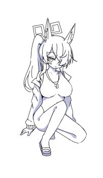 1girl animal_ears bare_shoulders blue_archive breasts competition_school_swimsuit covered_navel dog_ears dog_girl hair_over_one_eye halo highres jacket kanna_(blue_archive) kanna_(swimsuit)_(blue_archive) large_breasts looking_at_viewer official_alternate_costume official_alternate_hairstyle one_eye_covered open_clothes open_jacket ponytail school_swimsuit simple_background sketch solo swimsuit thighs tokkitokkitoto whistle whistle_around_neck white_background