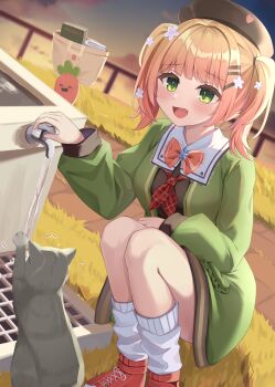 1girl :d absurdres animal blonde_hair cat cet_(hajisirazunoko) commentary_request fang flower gradient_hair green_eyes hair_flower hair_ornament hat heart highres hololive long_sleeves momosuzu_nene momosuzu_nene_(casual) multicolored_hair nekko_(momosuzu_nene) official_alternate_costume open_mouth orange_hair outdoors red_shoes shoes skin_fang sky smile twintails virtual_youtuber