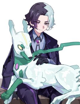 1boy alternate_color amethio_(pokemon) black_gloves black_jacket black_pants black_vest bright_pupils closed_mouth collared_shirt commentary_request copituji gen_6_pokemon gloves grey_shirt highres jacket legendary_pokemon long_sleeves looking_down male_focus multicolored_hair nintendo on_lap pants pokemon pokemon_(anime) pokemon_(creature) pokemon_horizons pokemon_on_lap purple_eyes shiny_pokemon shirt short_hair sitting smile vest white_background white_pupils zygarde zygarde_(10)