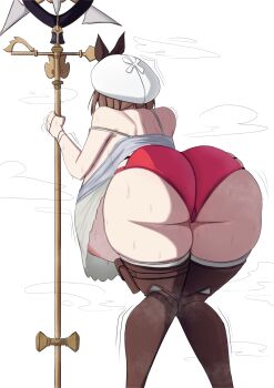 1girl ass atelier_(series) atelier_ryza back bent_over beret black_ribbon boots bracelet breasts brown_boots brown_hair camisole commission from_behind gigantic_breasts hair_ribbon hanging_breasts hat holding holding_staff huge_ass jewelry k_dhen leaning_forward leaning_on_object nipples red_shorts reisalin_stout ribbon shirt_overhang short_hair short_shorts shorts solo staff standing sweat thick_thighs thigh_boots thighs trembling upshirt white_background white_hat wide_hips