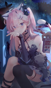 1girl 1other absurdres ahoge animal_ears bandaid bandaid_on_cheek bandaid_on_face bandaid_on_neck bare_shoulders black_bow black_choker black_dress black_thighhighs blue_eyes blush bow breasts candy cat_ears cat_girl cat_tail chinese_commentary choker cleavage closed_mouth collarbone commentary_request criss-cross_halter detached_sleeves dress fireflies food furrowed_brow giving grass hair_between_eyes hair_bow hair_ornament hairclip halter_dress halterneck hand_on_own_thigh hand_up highres holding holding_candy holding_food holding_juice_box holding_lollipop juice_box knees_up lollipop long_hair moonlight nail_polish night night_sky on_ground one_side_up original outdoors pink_hair single_thighhigh sitting sky small_breasts solo_focus tail thigh_strap thighhighs thighs trash_bag trash_can wangmon wavy_mouth white_nails x_hair_ornament