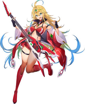 1girl blonde_hair blue_eyes boots breasts choukou_(alicesoft) choukou_taisen_escalation_heroines electric_guitar fingerless_gloves gloves guitar highres holding holding_guitar holding_instrument instrument jacket kakage leg_up long_hair looking_at_viewer medium_breasts nakaumi_kumiko official_art open_clothes open_jacket open_mouth red_boots red_jacket smile solo thigh_boots