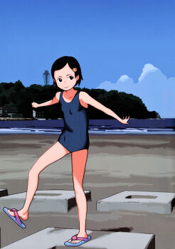 1girl beach black_eyes black_hair collarbone flip-flops hair_ornament hairclip highres horizon looking_at_viewer ocean one-piece_swimsuit original sandals shadow short_hair smile solo standing standing_on_one_leg swimsuit takamichi tree