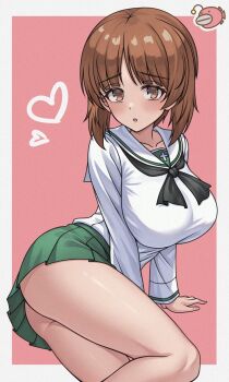 1girl aadka5 ass blush breasts brown_eyes brown_hair collarbone girls_und_panzer green_skirt highres large_breasts looking_at_viewer miniskirt nishizumi_miho no_panties ooarai_school_uniform open_mouth pink_background school_uniform short_hair simple_background skirt solo