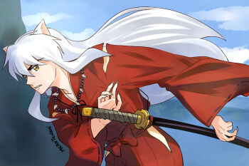 1boy animal_ears artist_name bead_necklace beads commentary dog_boy dog_ears fang hakama hashtag-only_commentary inuyasha inuyasha_(character) japanese_clothes jewelry long_hair male_focus necklace outdoors pale_skin red_hakama sharp_nails sidelocks signature sky solo sword tooth_necklace weapon white_hair