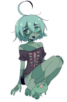 Rule 34 | 1girl, :d, ahoge, aqua eyes, arm support, averting eyes, bare shoulders, barefoot, black shirt, blue tongue, bottomless, colored skin, colored tongue, commentary, eds, english commentary, flat chest, frog, full body, green hair, green skin, hair between eyes, hand on own knee, heterochromia, highres, huge ahoge, indie virtual youtuber, knees up, legs, messy hair, off-shoulder shirt, off shoulder, open mouth, patchwork skin, sharp teeth, shirt, short hair, short sleeves, simple background, sinuuki (vtuber), smile, stitched face, stitched leg, stitches, teeth, toes, white background, zombie