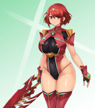 adapted_costume aegis_sword_(xenoblade) angoha breasts chest_jewel gem headpiece highres large_breasts leotard pyra_(xenoblade) red_hair swept_bangs tiara weapon xenoblade_chronicles_(series) xenoblade_chronicles_2