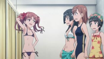 00s 4girls animated animated_gif bare_arms bikini bow brown_eyes brown_hair cowboy_shot dancing flat_chest groin hair_bow hair_ribbon long_hair looping_animation lowleg lowleg_bikini micro_bikini midriff misaka_mikoto multiple_girls navel one-piece_swimsuit ribbon saten_ruiko shirai_kuroko short_hair side-tie_bikini_bottom skinny split_screen swimsuit toaru_kagaku_no_railgun toaru_majutsu_no_index twintails uiharu_kazari