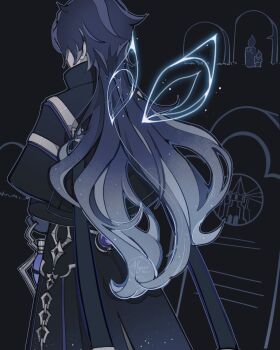 1boy absurdres artist_name black_background black_capelet black_coat black_gloves black_ribbon blue_hair candle capelet chain coat collared_capelet commentary english_commentary facing_away fairy_wings flins_(genshin_impact) from_behind genshin_impact gloves gradient_hair highres holding holding_lantern lantern long_hair long_sleeves lyxia male_focus multicolored_hair ribbon signature solo standing tombstone very_long_hair vision_(genshin_impact) wings