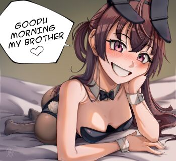 absurdres animal_ears ass bad_link barefoot blush breasts brown_hair dilan_griz english_text engrish_text highres large_breasts pantyhose playboy_bunny purple_eyes rabbit_ears rabbit_tail ranguage sleeveless smile suou_yuki tail tokidoki_bosotto_roshia-go_de_dereru_tonari_no_alya-san