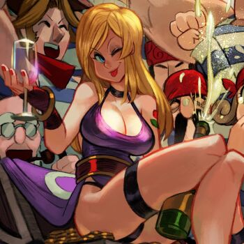 Rule 34 | 1girl, alex ahad, blonde hair, blue eyes, bracelet, breasts, choker, cleavage, dress, fingerless gloves, garou mark of the wolves, gloves, gold bracelet, b. jenet, large breasts, long hair, looking at viewer, one eye closed, purple dress, smile, snk, the king of fighters, thigh strap, tongue, tongue out