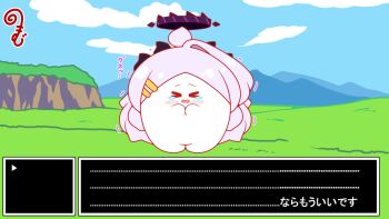 &gt;_&lt; ahoge blue_archive blue_sky blush chibi cliff closed_eyes closed_mouth cloud day facing_viewer grass grey_hair hair_ornament hairclip halo highres hina_(blue_archive) horns kurukurumagical long_hair outdoors parted_bangs single_hair_intake sky smile solo standing translation_request trembling very_long_hair