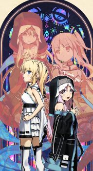 Rule 34 | 2girls, :d, bare shoulders, blonde hair, blue eyes, coat, commentary request, commission, detached sleeves, dress, headdress, highres, kaigen 1025, kannyo (orkastle), multiple girls, nun, open mouth, orkastle, pink eyes, pink hair, ponytail, praying, side ponytail, skeb commission, smile, stained glass, thank you, thighhighs, white dress, yuriel (orkastle), zettai ryouiki