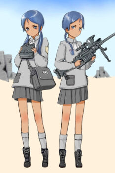 2girls bad_id bad_pixiv_id bag bindi boots braid dark-skinned_female dark_skin gun multiple_girls original ruins school_uniform siblings sisters skirt twins twintails weapon y_(khakiyawn)