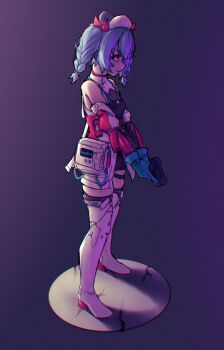 1girl absurdres bare_shoulders black_background black_thighhighs blue_gloves blue_hair boots braid cardiogram colphne_(girls'_frontline_2) colphne_(silent_heart)_(girls'_frontline_2) commentary full_body girls'_frontline girls'_frontline_2:_exilium gloves gun hair_between_eyes hair_ribbon hat highres holding holding_gun holding_weapon knee_boots looking_ahead new_dawn_art nurse_cap official_alternate_costume red_eyes red_ribbon ribbon serious simple_background solo taurus_curve thighhighs twin_braids twintails weapon white_hat