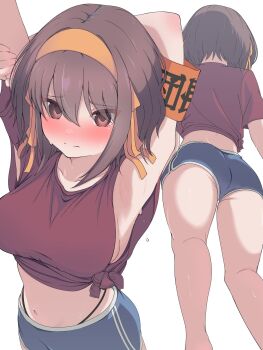 Rule 34 | 1girl, alternate costume, armband, armpits, arms up, ass, black panties, blue shorts, blush, breasts, brown eyes, brown hair, closed mouth, embarrassed, feet out of frame, from behind, from below, hairband, highleg, highleg panties, highres, large breasts, looking at viewer, multiple views, navel, nose blush, orange armband, orange hairband, panties, rai iceblast, red shirt, shirt, short hair, shorts, sidelocks, simple background, suzumiya haruhi, suzumiya haruhi no yuuutsu, underwear, white background