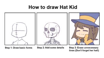 1girl :3 =_= a_hat_in_time brown_hair cape closed_mouth english_text fujimna hat hat_kid how_to how_to_draw_an_owl_(meme) jacket meme multiple_views ponytail purple_hat purple_jacket simple_background skeleton sketch smile top_hat white_background yellow_cape zipper_pull_tab
