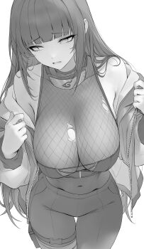 1girl bare_shoulders blunt_bangs breasts commentary_request covered_navel fishnet_top fishnets forehead_protector greyscale highres hyuuga_hinata large_breasts long_hair looking_to_the_side monochrome naruto_(series) no_pupils off_shoulder open_mouth pants re0n simple_background solo thigh_strap torn_clothes very_long_hair white_background zipper zipper_pull_tab