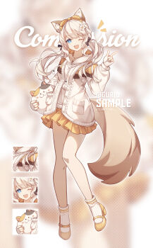 1girl 9yuki absurdres animal_ear_fluff blue_eyes brown_hair cat_tail commission fat_cat_(ff14) final_fantasy final_fantasy_xiv flower frilled_skirt frills full_body gloves hair_flower hair_ornament hair_ribbon highres holding holding_pillow hood hoodie knees_together_feet_apart large_tail looking_at_viewer miqo'te multiple_views one_eye_closed partially_fingerless_gloves patchwork_clothes pillow platform_footwear platform_heels ribbon shoes signature skirt socks striped_clothes striped_socks sweater tail twintails white_hoodie white_sweater yellow_ribbon yellow_shoes yellow_skirt