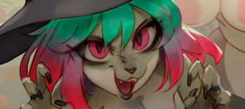 2girls aqua_hair black_hat bonifasko breasts furry furry_female hat iriska_(bonifasko) large_breasts looking_at_viewer multicolored_hair multiple_girls open_mouth original pink_eyes pink_hair solo_focus two-tone_hair