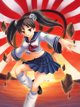 1girl :d \n/ black_hair blue_sailor_collar blue_skirt breasts brown_eyes brown_shoes command_&amp;_conquer command_&amp;_conquer:_red_alert command_&amp;_conquer:_red_alert_3 commentary empire_of_the_rising_sun english_commentary floating floating_object hair_tie levitation light_smile looking_at_viewer loose_socks mary_janes maxwindy midriff navel neckerchief open_mouth red_neckerchief rising_sun_flag rock sailor_collar school_uniform serafuku shoes skirt small_breasts smile socks solo sunburst sunburst_background telekinesis twintails water white_serafuku white_socks wispy_bangs yuriko_omega