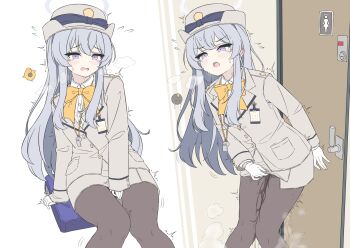 1girl between_legs black_pantyhose blue_archive blush bow bowtie breath collared_shirt commentary_request female_service_cap flying_sweatdrops gloves grey_hair halo hand_between_legs hat have_to_pee highlander_railway_academy_logo highlander_railway_academy_student_(hg)_(blue_archive) highres id_card jacket long_hair long_sleeves mizusaki_(kn27) multiple_views open_mouth pantyhose patch peanut_mouth peeing peeing_self puff_of_air raised_inner_eyebrows shirt shoulder_patch steam sweat tearing_up teeth toilet trembling upper_teeth_only wet wet_clothes wet_pantyhose whistle whistle_around_neck white_gloves white_halo white_shirt yellow_bow yellow_bowtie