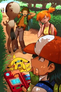 2girls 5boys :d ^_^ afterimage ash_ketchum ass backpack bag baseball_cap belt black_hair breasts brock_(pokemon) brown_hair brown_pants bush closed_eyes collarbone commentary crossover day english_commentary fingerless_gloves forest gen_1_pokemon gloves green_gloves green_vest haraya_manawari hat hibiki_ryouga high_side_ponytail james_(pokemon) jessie_(pokemon) laughing looking_at_another medium_breasts missingno. misty_(pokemon) multiple_boys multiple_crossover multiple_girls nature nintendo one_piece open_mouth orange_hair orange_shirt outdoors pants pikachu pokedex pokemon pokemon_(anime) pokemon_(classic_anime) pokemon_(creature) ranma_1/2 roronoa_zoro scared scp-173 scp_foundation shirt shoes smile spiked_hair statue suspenders sweatdrop tank_top tears thinking tree ugandan_knuckles vest vrchat yellow_tank_top