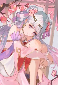 1girl ao_(ao_alice22) bare_legs bare_shoulders chinese_commentary closed_mouth commentary_request detached_sleeves earrings flower-shaped_pupils head_tilt highres jewelry jinhsi_(peach_blossom)_(wuthering_waves) jinhsi_(wuthering_waves) legs long_hair looking_at_viewer md5_mismatch mole mole_under_eye nail_polish pink_nails pink_pupils resolution_mismatch sitting smile solo source_larger symbol-shaped_pupils very_long_hair white_eyes white_hair wuthering_waves