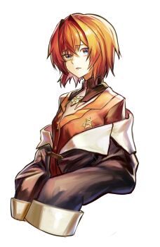 Rule 34 | 1girl, ange katrina, ange katrina (1st costume), black coat, blue eyes, bob (kakikak80918129), breasts, cardigan, coat, commentary request, cropped torso, crossed bangs, hair intakes, highres, looking at viewer, medium hair, multicolored eyes, nijisanji, off shoulder, parted lips, purple eyes, red cardigan, red hair, simple background, sleeves past fingers, sleeves past wrists, small breasts, solo, two-tone eyes, virtual youtuber, white background