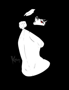 1girl artist_name back black_background breasts clothes_lift commentary english_commentary from_behind greyscale highres koyorin lifting_own_clothes looking_at_viewer looking_back medium_breasts monochrome original red_eyes shirt_lift solo spot_color underboob undressing