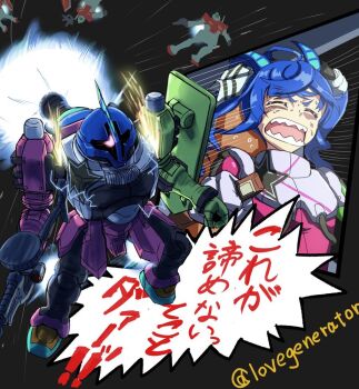 ahoge animal_ears assault_visor beam_rifle blue_hair bodysuit closed_eyes crossover earth_federation energy_gun glowing glowing_eye gm_(mobile_suit) green_visor gun gundam gundam_ms_igloo holding holding_gun holding_weapon horse_ears horse_girl kin-san_(sasuraiga) long_hair machine_gun mecha mecha_focus mecha_pilot_suit mobile_suit one-eyed open_mouth pink_eyes robot science_fiction sharp_teeth shield space sweatdrop teeth thrusters twin_turbo_(umamusume) twintails umamusume weapon zeon zudah