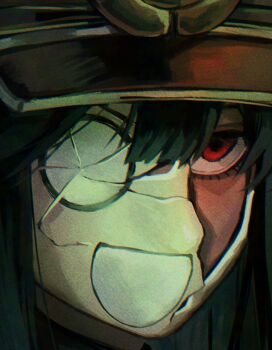 1girl absurdres black_hair boureisakura cracked_kawaii_mask cracked_mask fate/grand_order fate_(series) hat highres keikenchi_(style) koha-ace medallion military_hat mini_nobu_(fate) o_o oda_nobunaga_(fate) oda_nobunaga_(koha-ace) open_mouth peaked_cap red_eyes solo