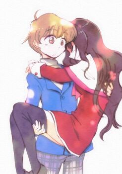 Rule 34 | 1boy, 1girl, blonde hair, brown hair, carrying, hitaishou chiritori, kanon, kitagawa jun, long hair, misaka kaori, princess carry, short hair, thighhighs