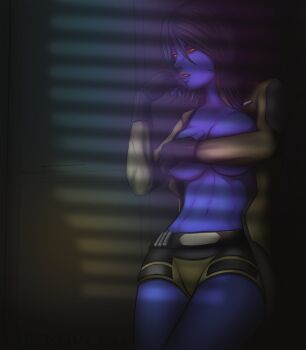 1girl alien belt black_gloves black_hair blue_skin breasts brown_jacket brown_shorts chiss cleavage colored_skin covering_breasts covering_privates eyeliner gloves jacket legs lipstick makeup midriff nero44 no_bra open_clothes open_jacket red_eyeliner red_eyes shadow short_hair short_shorts shorts star_wars star_wars:_the_old_republic window_blinds