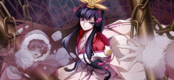 1girl black_hair closed_mouth code_geass code_geass:_dakkan_no_roze code_geass:_lost_stories f4samurai floral_print floral_print_kimono game_cg haruyanagininomiya_sakura highres japanese_clothes kimono long_hair non-web_source obi official_art pink_eyes pink_hair pink_kimono print_kimono sad sash sidelocks solo