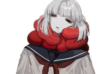 1girl 1other blob blue_sailor_collar blunt_bangs bob_cut creature dilated_pupils drooling head_tilt highres horror_(theme) neckerchief needle numata_zombie on_shoulder open_mouth original pale_skin portrait red_eyes red_neckerchief sailor_collar school_uniform serafuku short_hair simple_background squinting tears veins wavy_eyes white_background white_hair white_serafuku