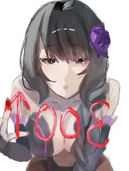 Rule 34 | 1girl, bare shoulders, black hair, braid, braided ponytail, breasts, center opening, cleavage, collarbone, detached sleeves, elsa granhilte, flower, frilled sleeves, frills, hair flower, hair ornament, large breasts, long hair, looking at viewer, navel, purple eyes, purple flower, purple rose, re:zero kara hajimeru isekai seikatsu, revealing clothes, rose, solo