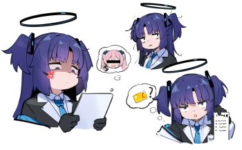 2girls anger_vein bags_under_eyes black_gloves black_jacket blazer blue_archive blue_halo blue_necktie censored censored_identity chinese_commentary closed_mouth collared_shirt commentary_request cropped_torso gloves halo highres holding holding_tablet_pc jacket jitome koyuki_(blue_archive) long_hair mechanical_halo multiple_girls multiple_views necktie open_mouth painterliuhao purple_eyes purple_hair shirt simple_background speech_bubble tablet_pc thought_bubble two_side_up v-shaped_eyebrows white_background white_shirt yuuka_(blue_archive)